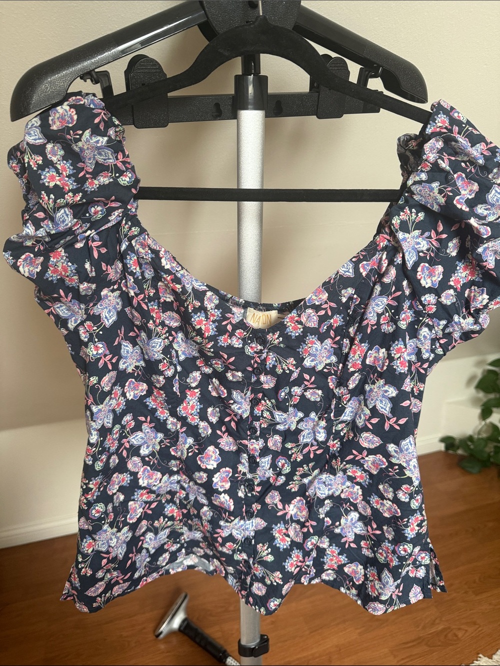 Nation LTD Navy Floral Puff Sleeve Blouse